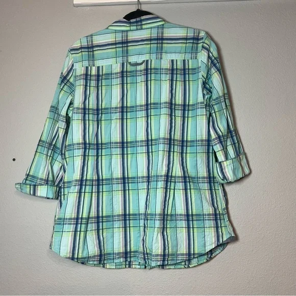 L.L. Bean Button Up Front Shirt Blouse Cotton Blue Green Plaid Size Large - Picture 5 of 9